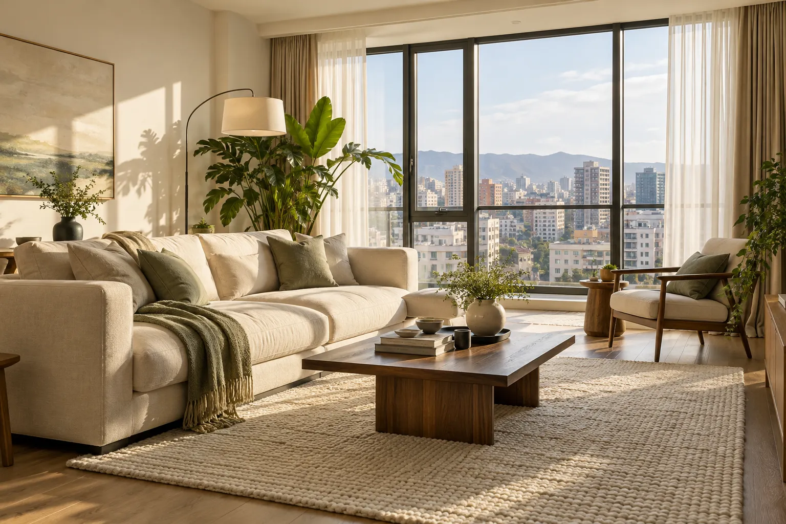 Sunlit apartment with a linen sofa, walnut coffee table and large windows